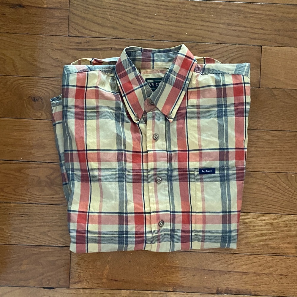 Casual Plaid Button-Down Shirt in Red, Blue, and Cream